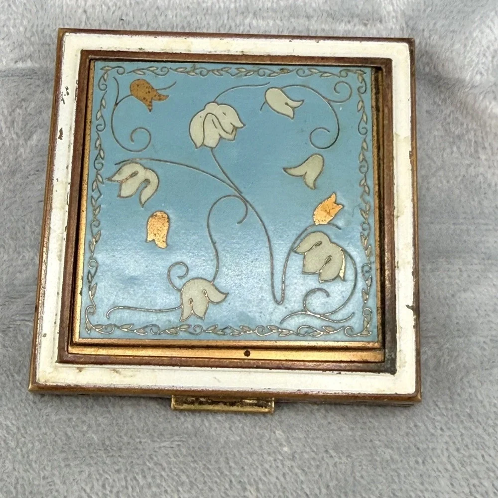 Vintage Cloisonne Enamel Compact Gold Tone Blue Flowers
